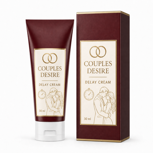 Couples Desire Delay Cream with integrated romantic couple and timing artwork