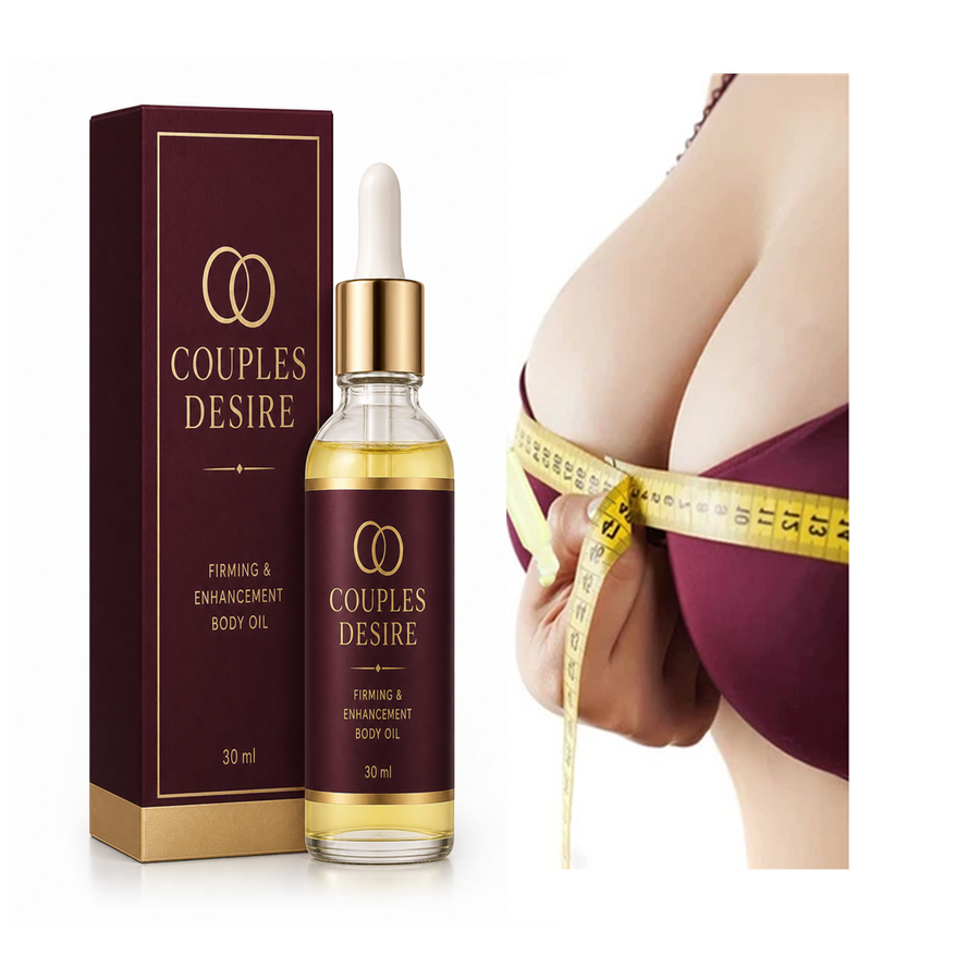Couples Desire Body Oil with model positioned beside bottle