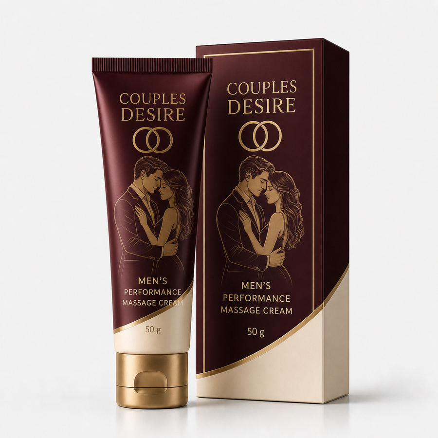 Couples Desire Men’s Performance Massage Cream with integrated romantic couple artwork