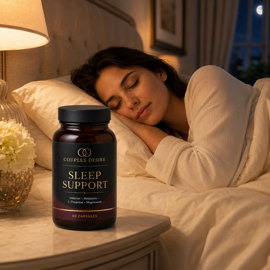 Woman sleeping beside Couples Desire Sleep Support bottle